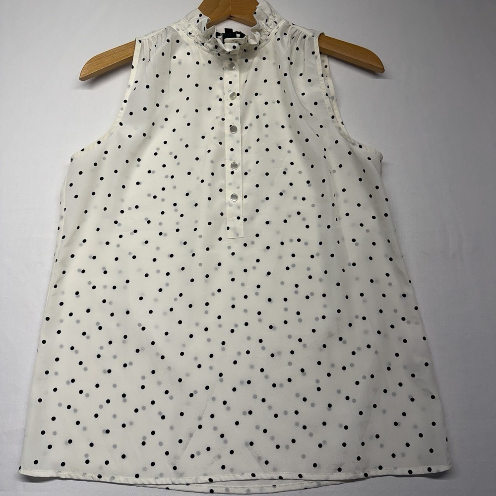 J.Crew Polka Dot Ruffle Mock Neck Sleeveless Blouse Ivory‎ Black Size 4